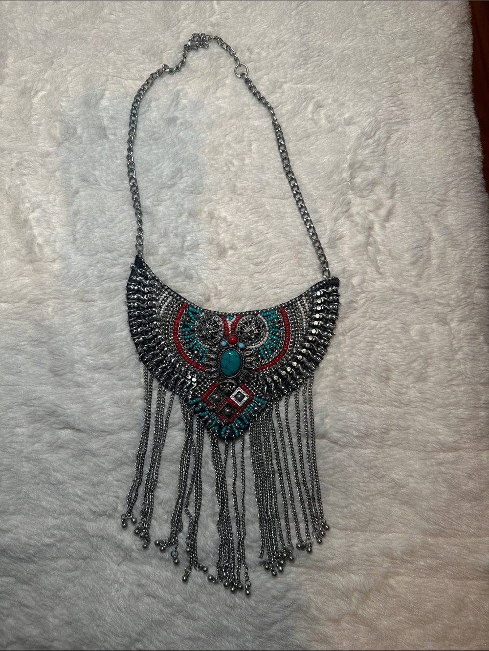Turquoise & Red Bohemian Fringe Statement Necklace